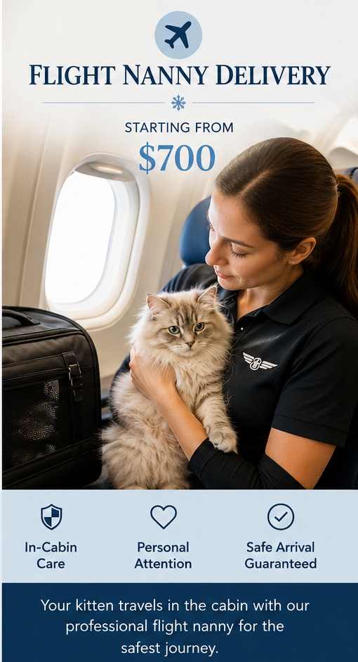 Flight nanny accompanying a Siberian kitten